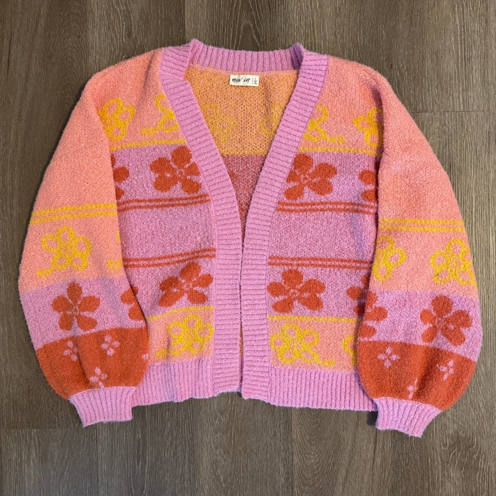 New In Floral Knit Cardigan Sweater Pink Orange Yellow Open Front Womens Large